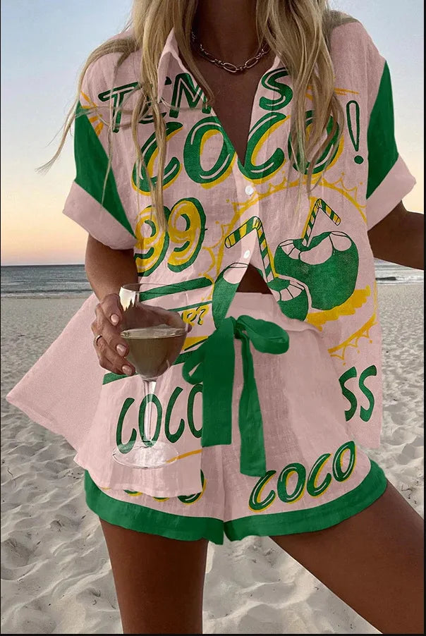 Summer New Print Beach Holiday Set For Women Fashion Short Sleeve Buttoned Shirt Wide Legs Shorts Oversized Two Piece Set