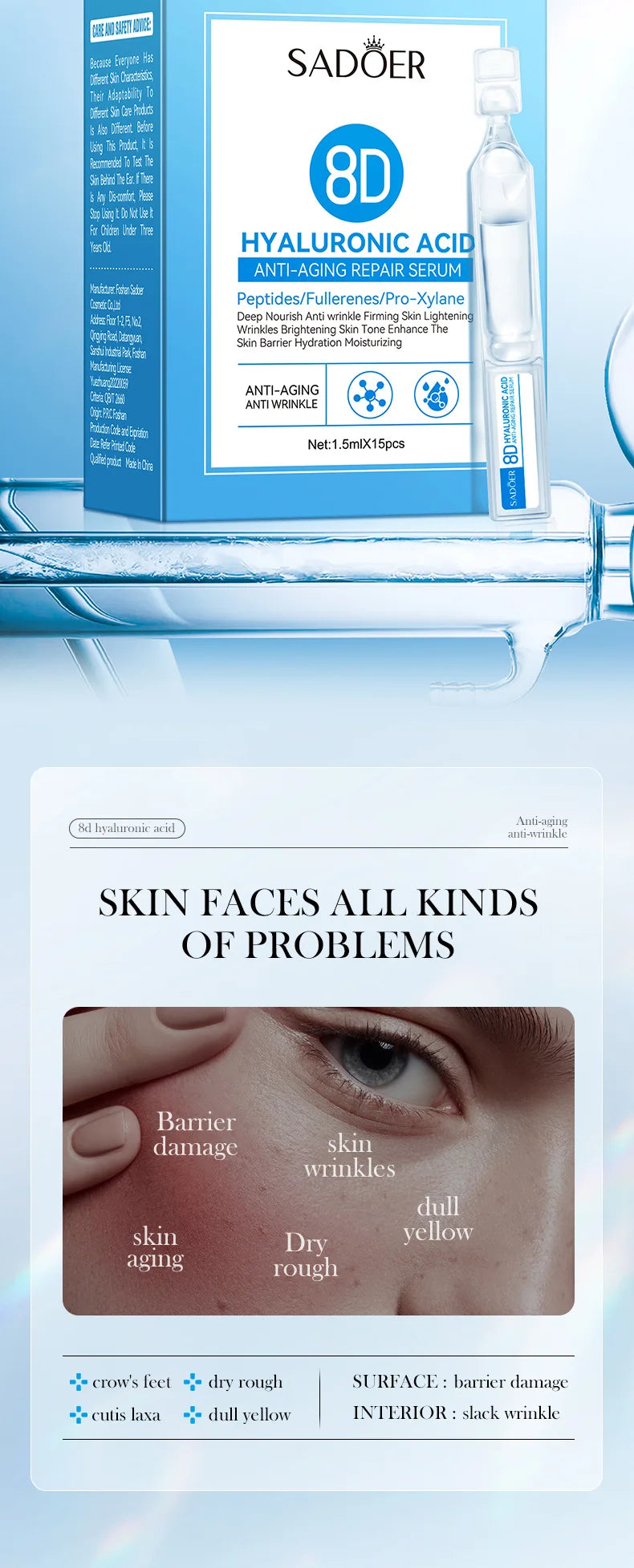 Hyaluronic Acid Wrinkle Remover Essence Fade Fine Lines Face Serum Anti Aging Firming Lifting Whitening Korean Skin Care