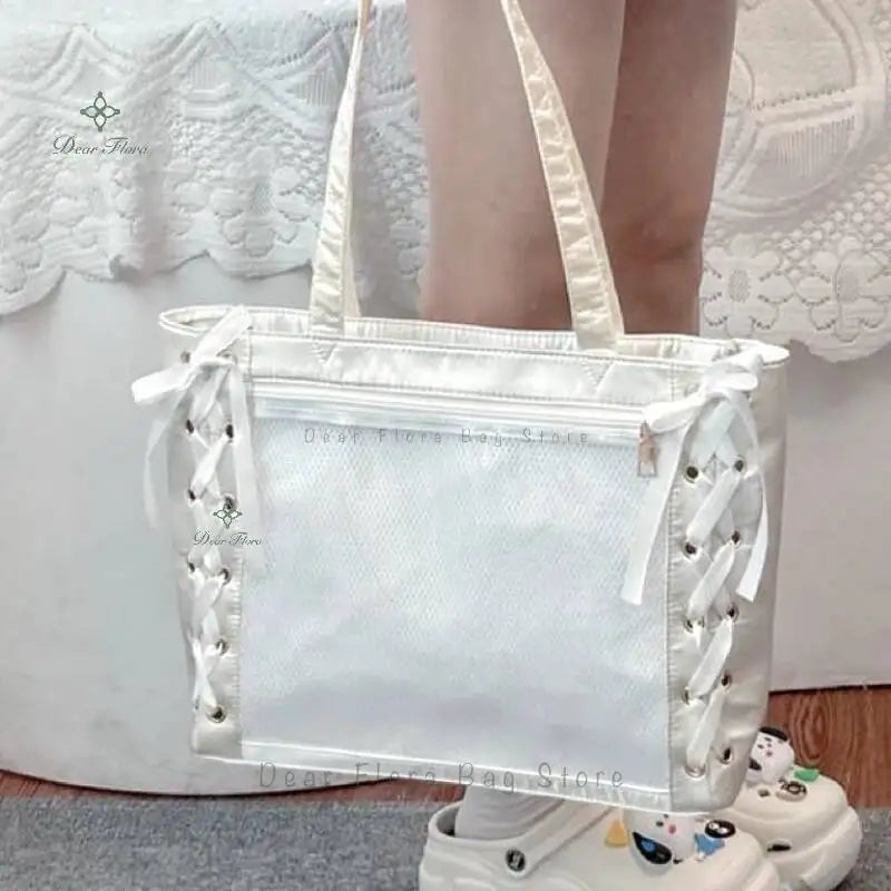 Japanese Sweet Women Ribbon Ita Bag Fashion Large Capacity Tote Bag Aesthetic Shoulder Bag Cute Lolita Girl Transparent Handbags