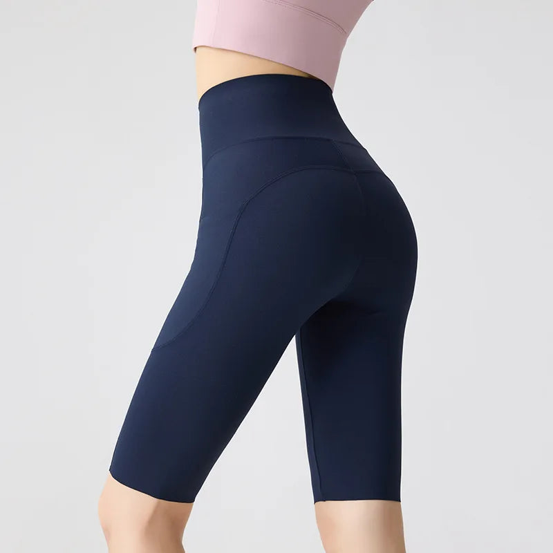 BIVIGAOS Summer Pocket Yoga Sharkskin Bicycle Shorts Women Thin High Waist Push Up Naked Feeling Sports Fitness Cycling Shorts