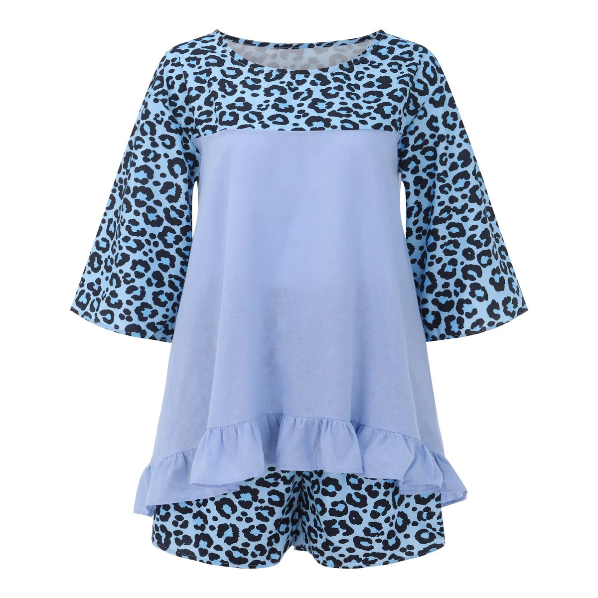 Summer Vintage Leopard Patchwork Outfits Set Cotton Linen Shirt Tops And Loose Shorts Suit Casual 3/4 Sleeve Women Two Piece Set