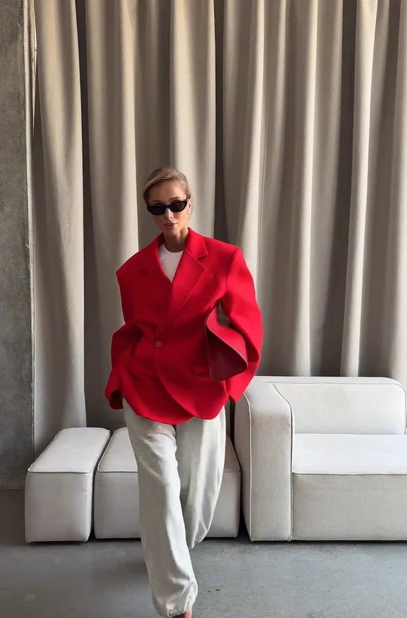 Women Red Blazer Jacket Single Button Lapel Collar Loose Casual Coats 2026 Autumn Winter New Fashion Street Oversized Streetwear