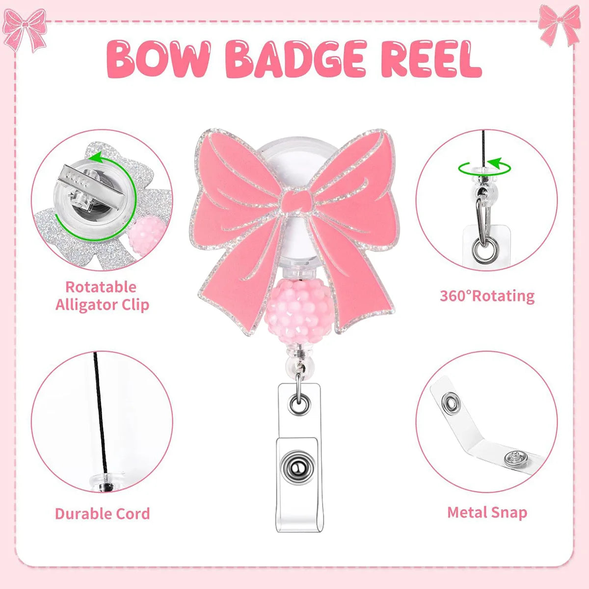 Pink Bow Badge Reel Cute Badge Reel with Alligator Clip ID Badge Holder Funny Sparkly Glitter Retractable Nursing Badge Reels