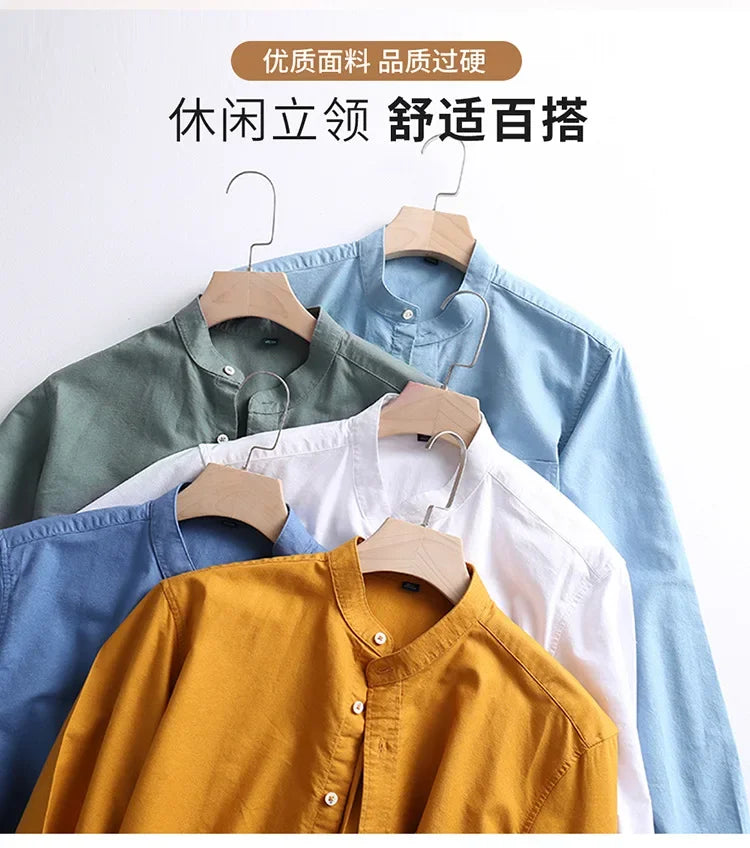 2027 Cotton Stand-up Neck Oxford Spinning Anti-wrinkle Casual Spring Autumn New Men's Shirt Jackets Long Sleeve Shirt Men's