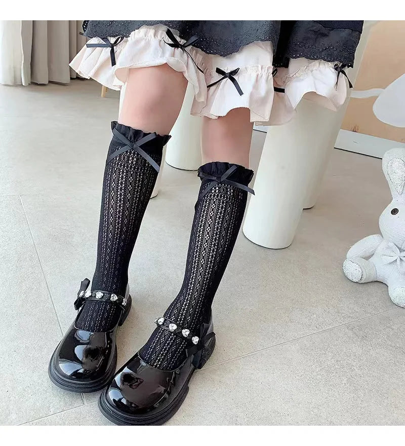 Girls Long Tube Lace Stockings Sweet Bow Jacquard Pattern Mesh Sock Baby Girl Ballet Fishing Net Frilly Socks Lolita Leggings