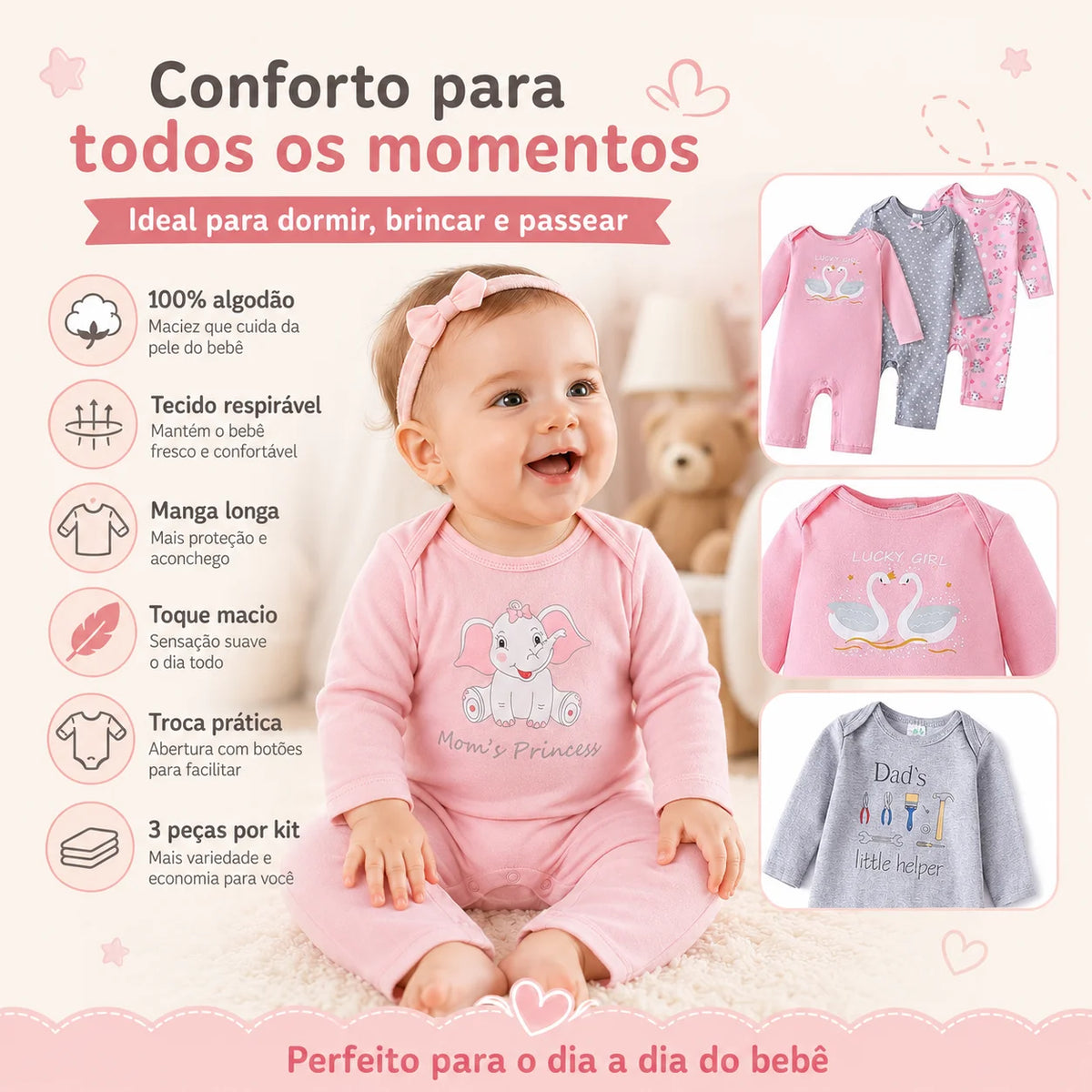 Kit 3 Baby Rompers Long Sleeve Footless Printed Infant Boy Girl Clothes