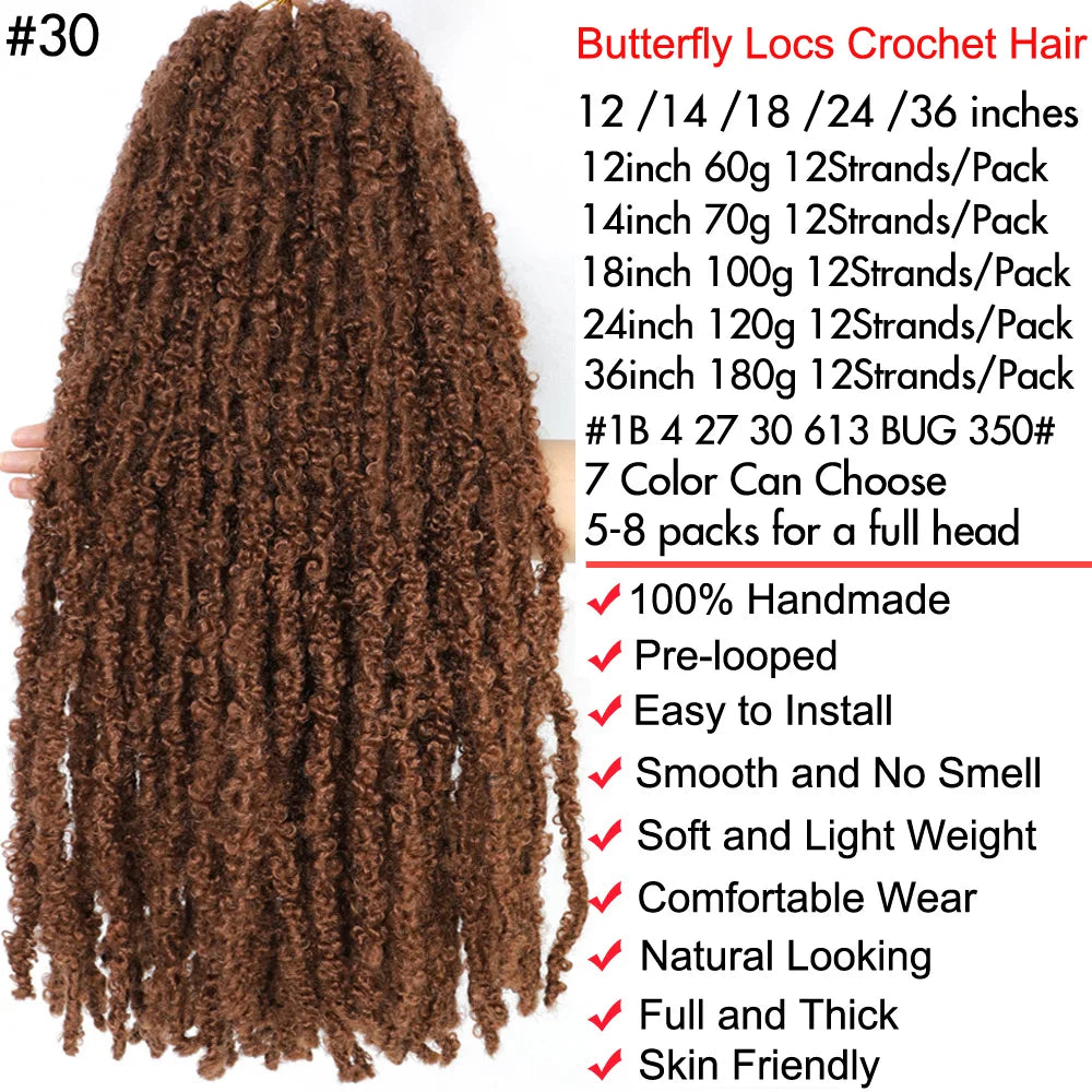 1- 6Packs Butterfly Locs Crochet Hair 36 24 18 14 12inch Pre Twisted Natural Black Distressed Faux Locs Crochet Braids for Women