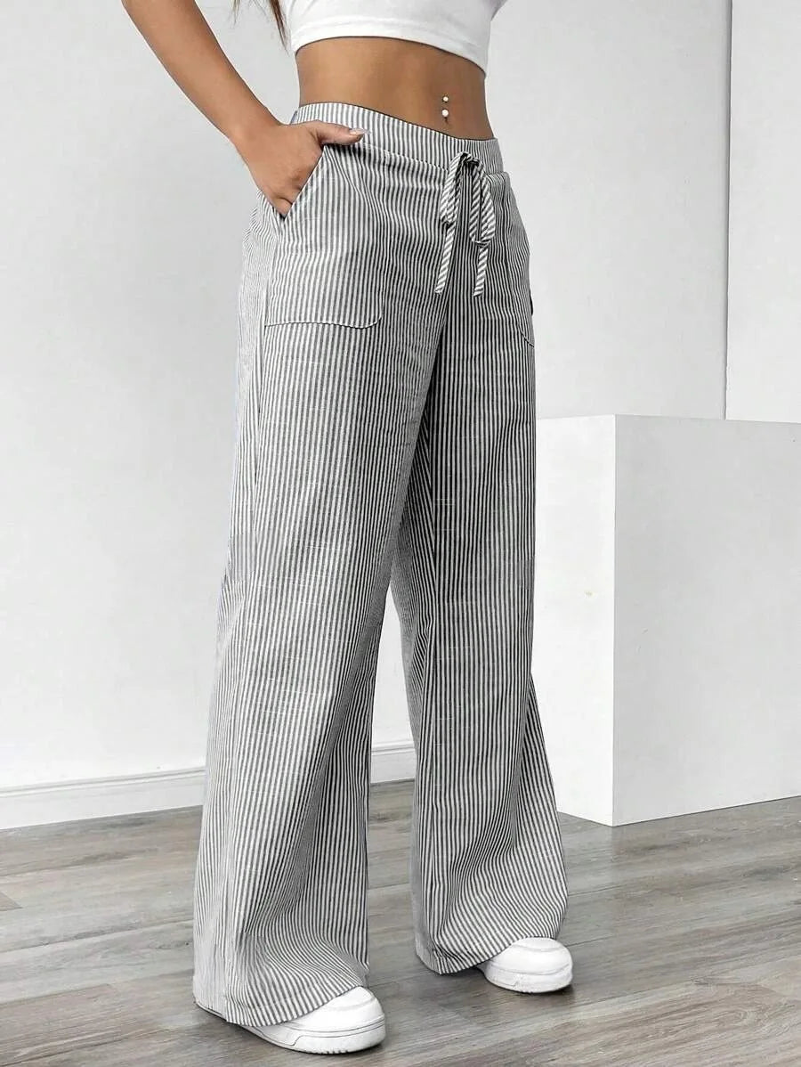 Summer Striped Wide Leg Pants Women High Waisted Drawstring Loose Fit Slimming Casual Straight Leg Harem Pants Female Trousers