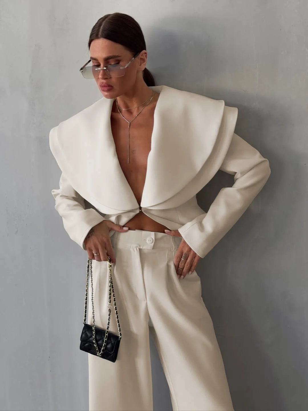 Chic Big Lapel Coat Pants Women Set Elegant Full Sleeve Single Breasted V-neck Straight Loose Trousers Solid Autumn Fashion Set