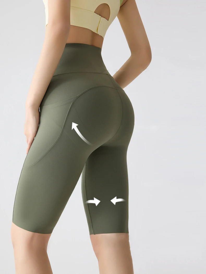 BIVIGAOS Summer Pocket Yoga Sharkskin Bicycle Shorts Women Thin High Waist Push Up Naked Feeling Sports Fitness Cycling Shorts