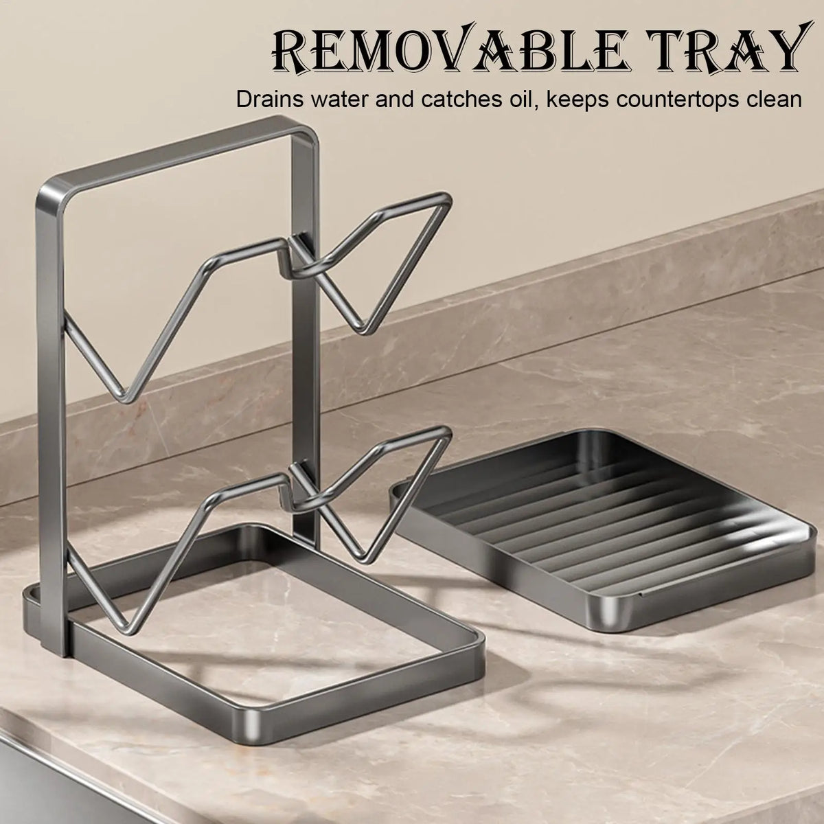 Kitchen Pot Lid Rack No Drill Pot Lid Organizer Kitchen Space Saving Countertop Organizer Rack with Drainage Tray Storage Rack