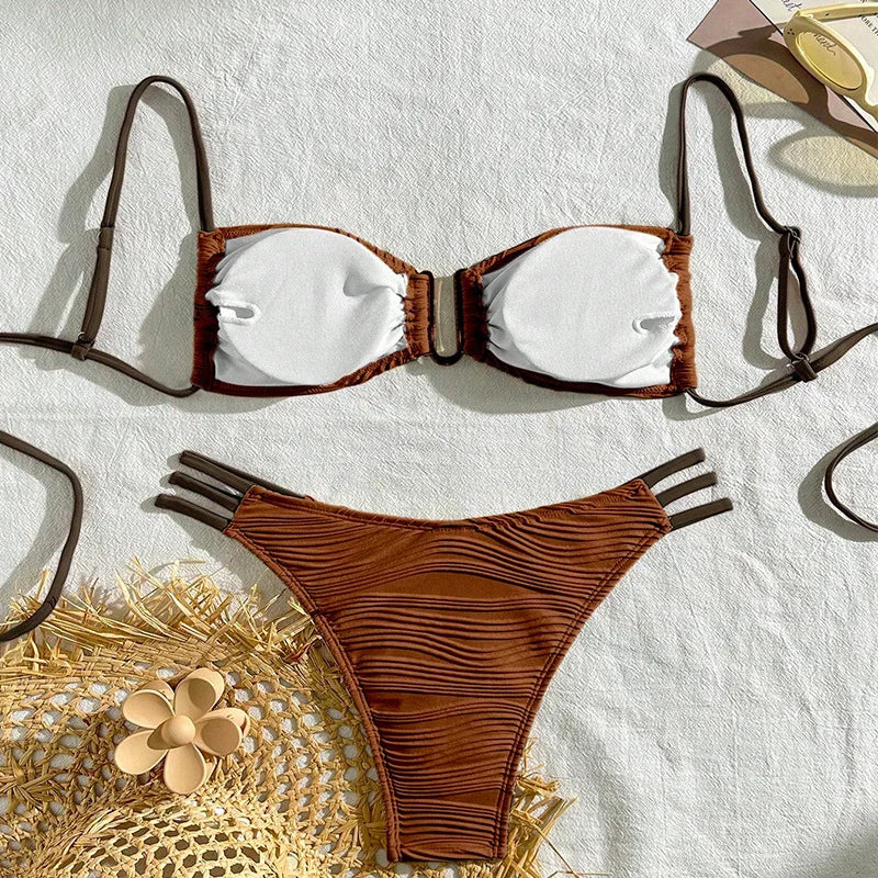 New Low waist Sexy Two-piece Bikini Women U-neck Hollow Swimwear Solid Tube Top Gathered Swimsuit Tight Backless Beachwear 2025