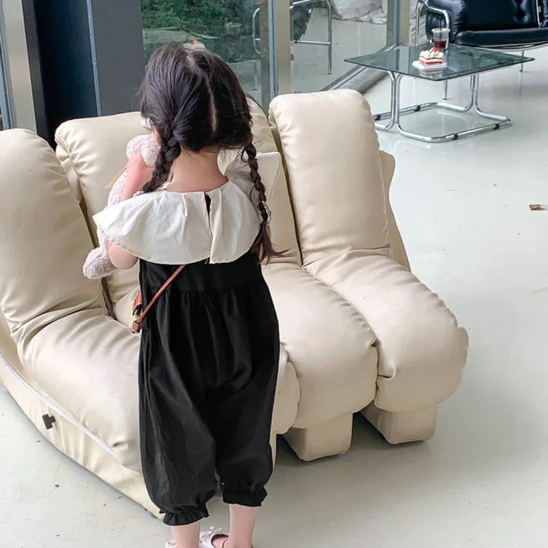Girls' Jumpsuit with Ruffle Collar and Loose Leg Detachable Rompers Summer Outfits New Fashionable Casual Children's Clothing