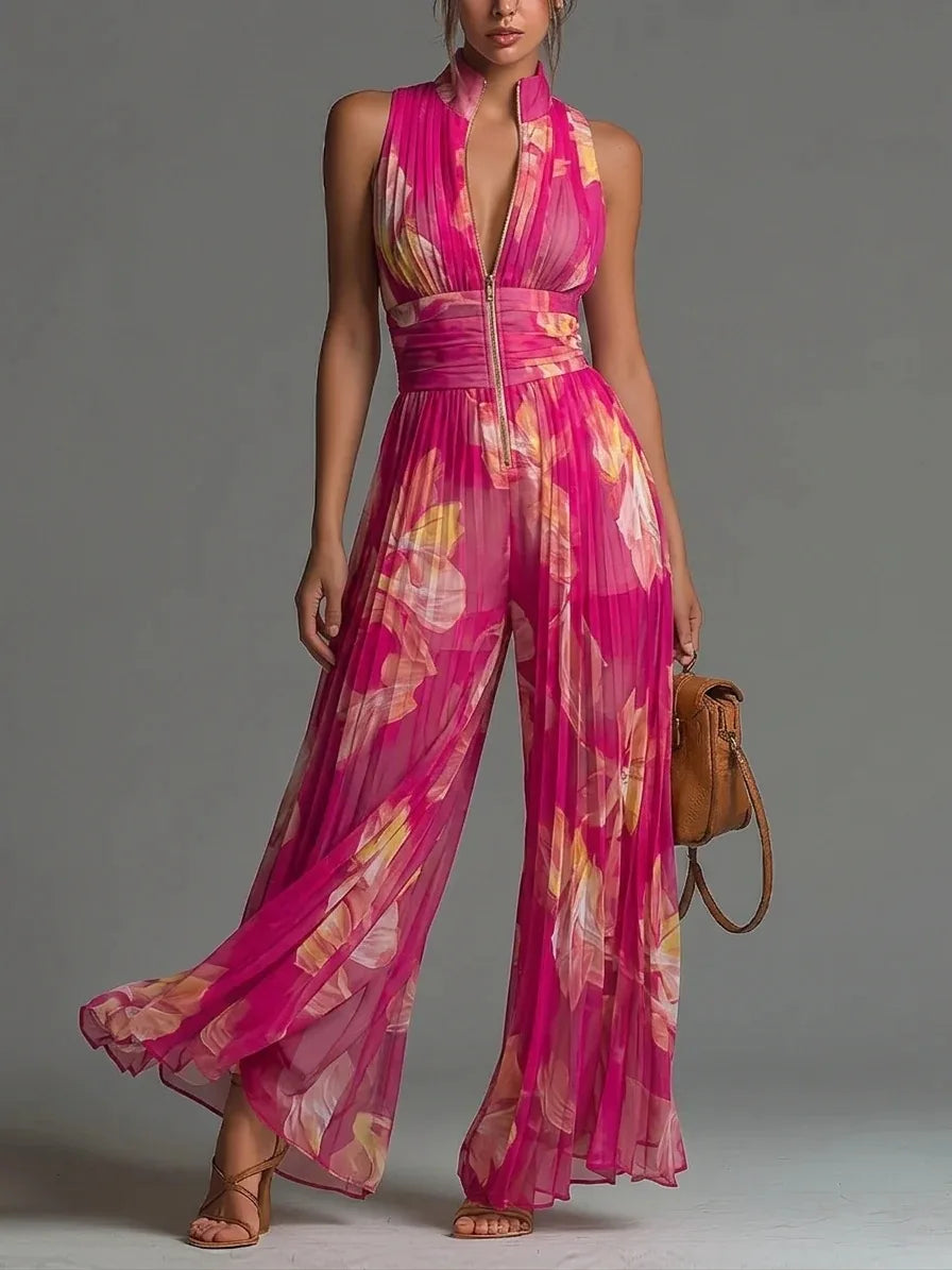 2026 White Pleated Neck Jumpsuit Women's Long Wide-leg Fashion Sexy Pleated Jumpsuits Sexy Slim Fits Sleeveless Rompers Y2K