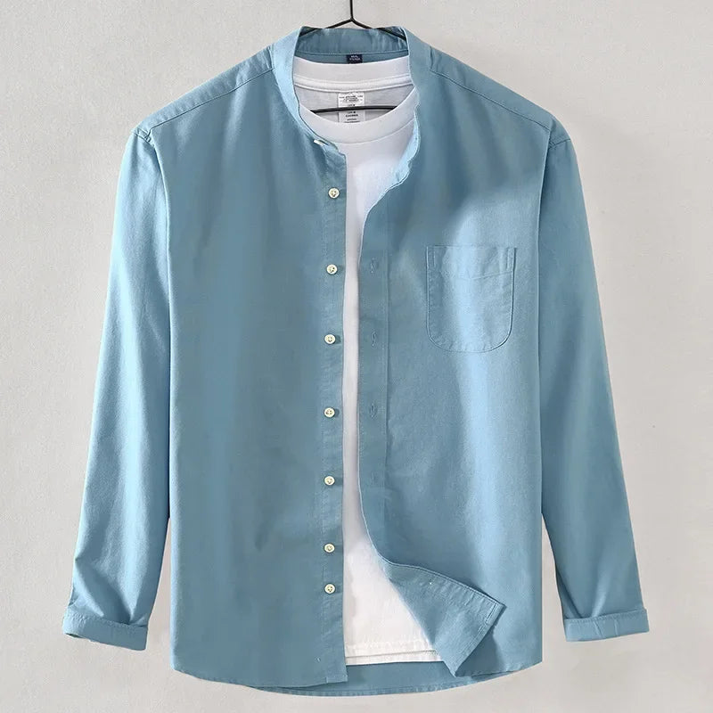 2027 Cotton Stand-up Neck Oxford Spinning Anti-wrinkle Casual Spring Autumn New Men's Shirt Jackets Long Sleeve Shirt Men's