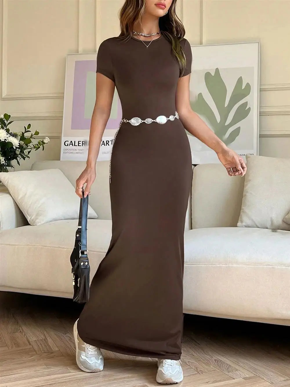 Sexy Slim Fit Short Sleeve round Neck Dress Pure Color Long Dress for Women LinJ2026 Casual European Style mid Waist Skirt