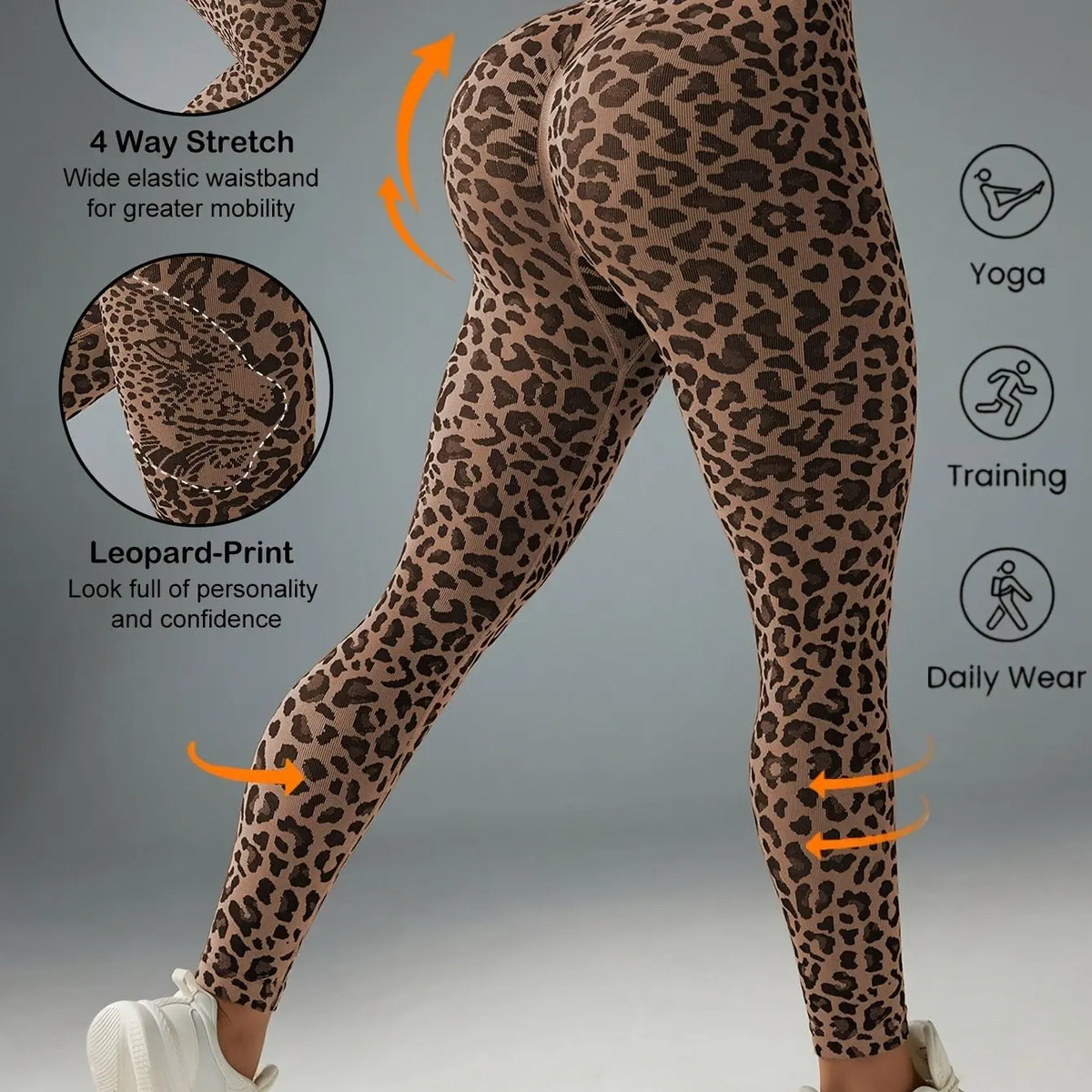Women Mid‑Rise Fleece Lined Leggings Grey Leopard Print Slim Stretchy Warm Yoga Workout Pants