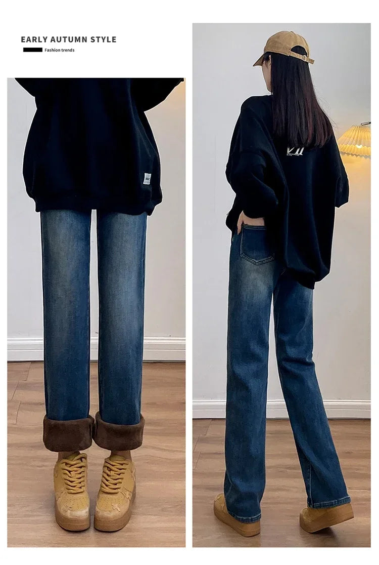 Winter Thickened Women's Mink Velvet Jeans Loose Straight Warm Soft Fleece Fashion Elastic High Waist Female Pants Black Blue