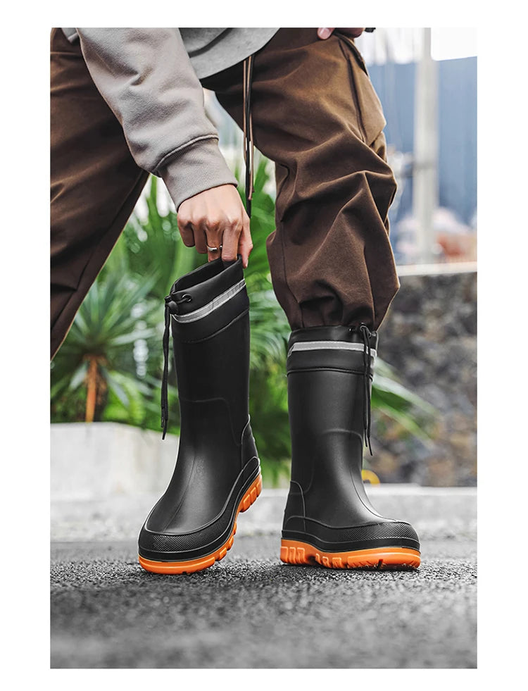 Men's Winter Fleece Lined Mid-Calf Rain Boots Anti-Slip Waterproof Work Rubber Boots Car Wash Fishing Outdoor Wear Water Shoes