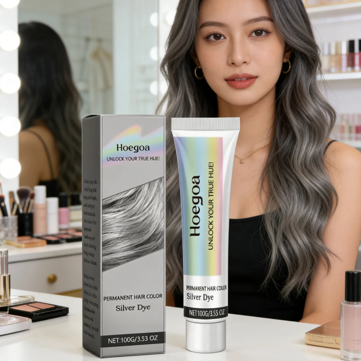 Hoegoa Silver Hair Dye Fashion Look Accurate Color Long Lasting Easy Apply Gentle Ingredients Nourishing Hair Color Cream 100g