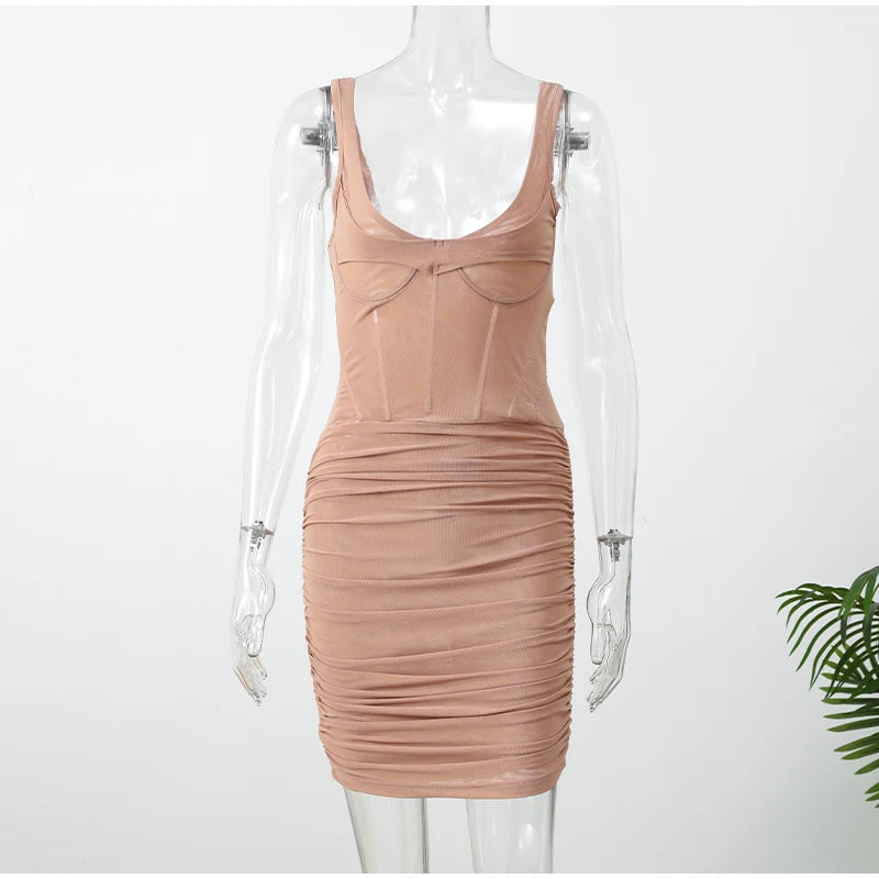 Sexy Slim Fishbone Mini Dresses Women's 2026 Summer Solid V-neck Pleated Sleeveless Bodycon Dress Fashion Lady Party Club Gowns