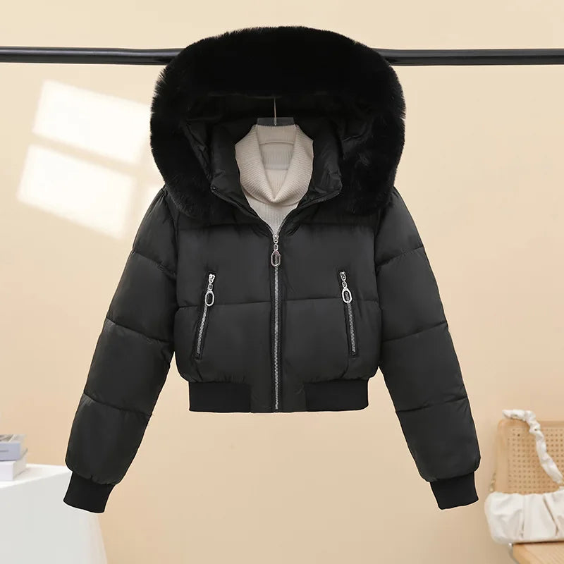 American Waistedn Big Fur Collar Hooded Short Cotton Coat for Women Winter New Fashionable Hat Detachable Casual Slimming Jacket