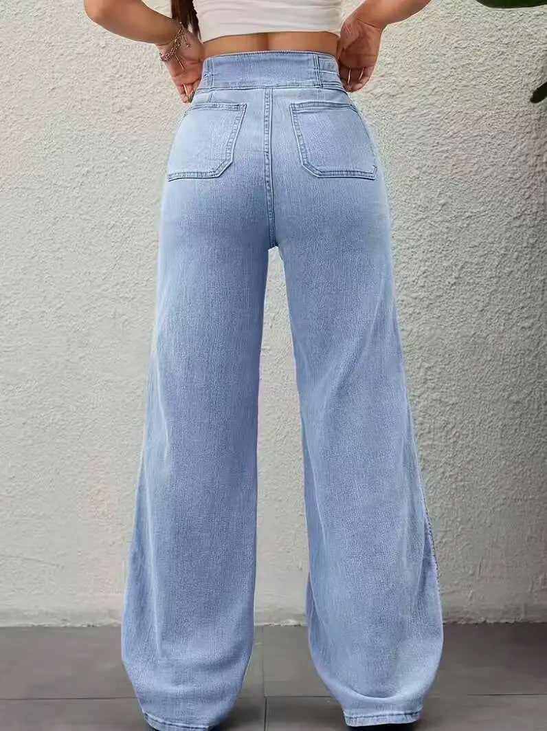 High Waist Belted Wide Leg Pants for Women with Large Patch Pockets And Splicing Stitching Design