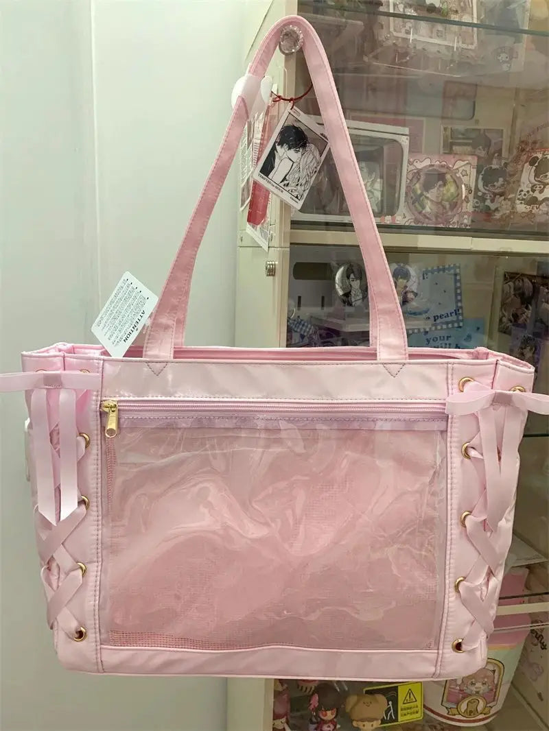Japanese Sweet Women Ribbon Ita Bag Fashion Large Capacity Tote Bag Aesthetic Shoulder Bag Cute Lolita Girl Transparent Handbags