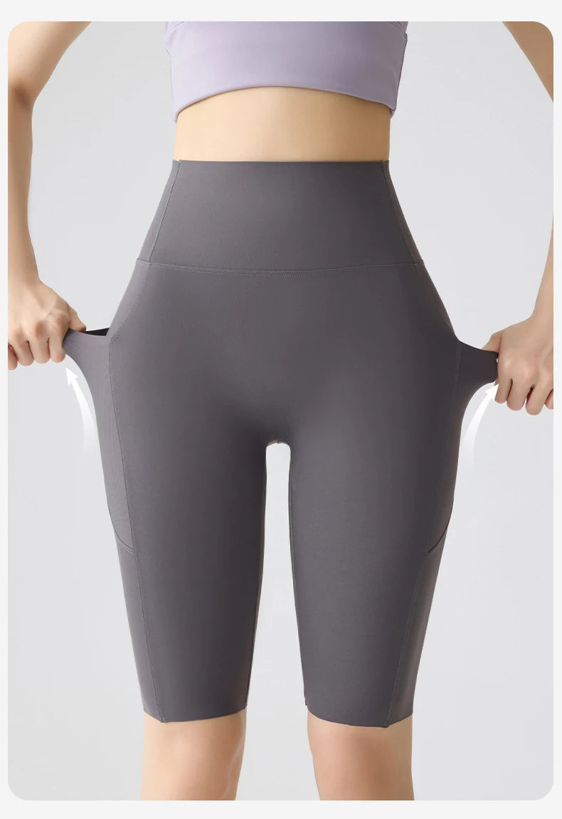 BIVIGAOS Summer Pocket Yoga Sharkskin Bicycle Shorts Women Thin High Waist Push Up Naked Feeling Sports Fitness Cycling Shorts