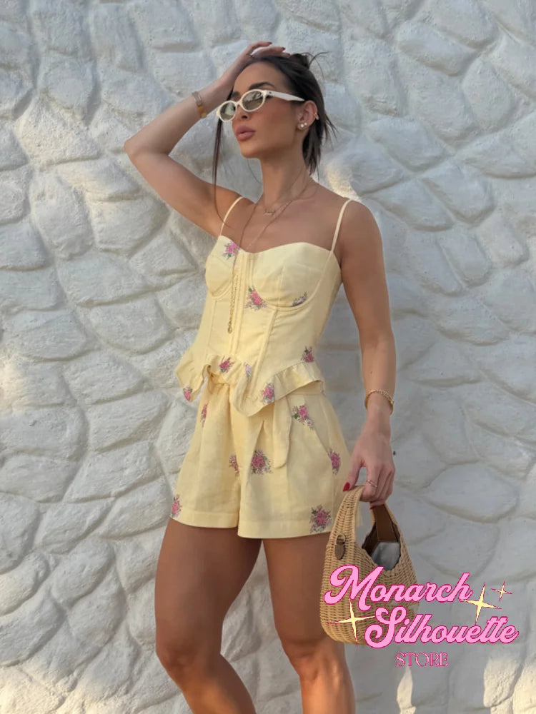 Print Spaghetti Strap Shorts Set Women Chic Boned Shaping French Floral Ruffled Waist Corset Set 2026 Lady Summer Daily Outfit