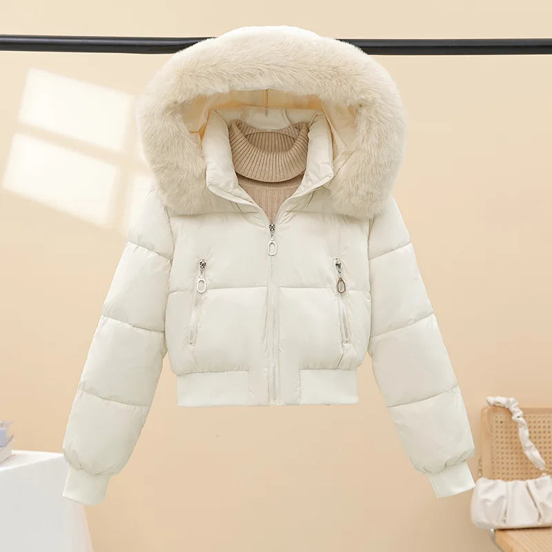 American Waistedn Big Fur Collar Hooded Short Cotton Coat for Women Winter New Fashionable Hat Detachable Casual Slimming Jacket