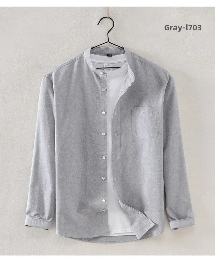 2027 Cotton Stand-up Neck Oxford Spinning Anti-wrinkle Casual Spring Autumn New Men's Shirt Jackets Long Sleeve Shirt Men's