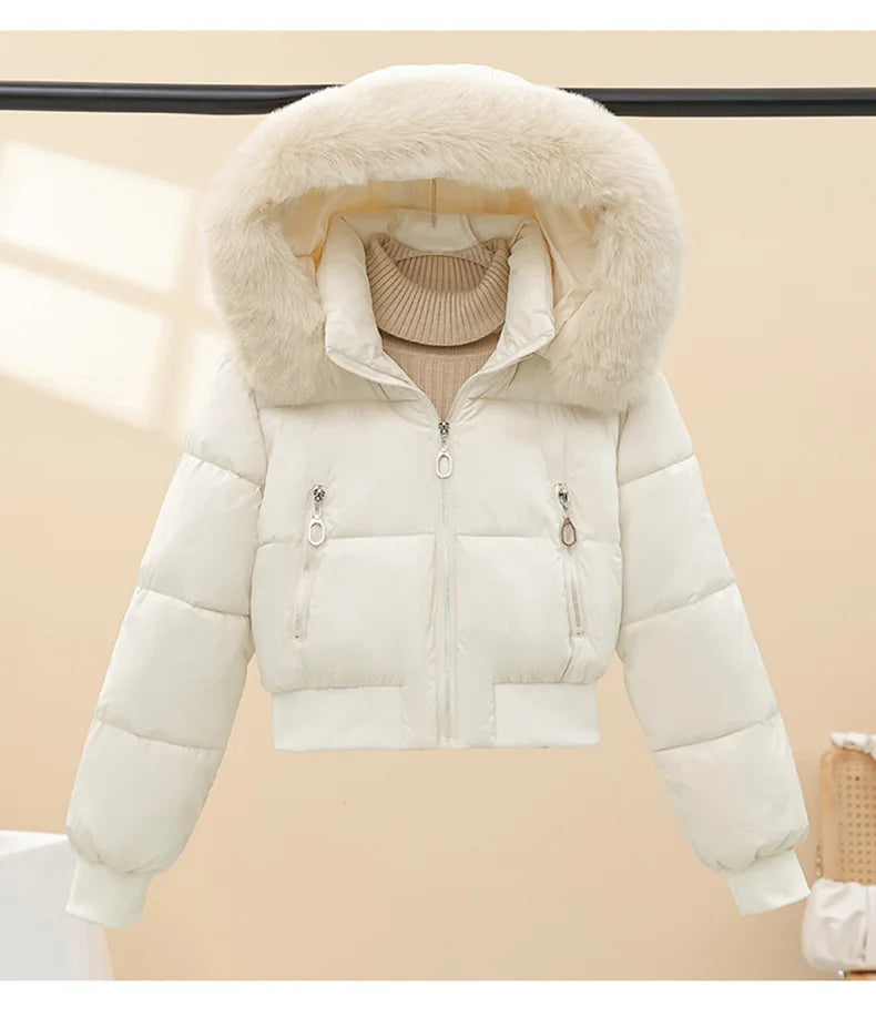 American Waistedn Big Fur Collar Hooded Short Cotton Coat for Women Winter New Fashionable Hat Detachable Casual Slimming Jacket