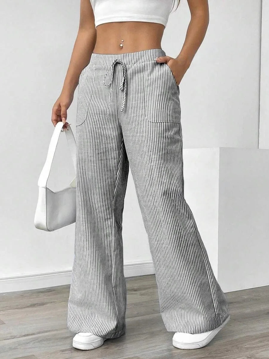 Summer Striped Wide Leg Pants Women High Waisted Drawstring Loose Fit Slimming Casual Straight Leg Harem Pants Female Trousers