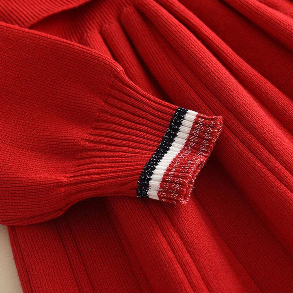 Bear Leader Kids Dresses for Girls Pearl Button Tricolor Striped Lapel Knit Skirt Winter College Style Children's Clothing