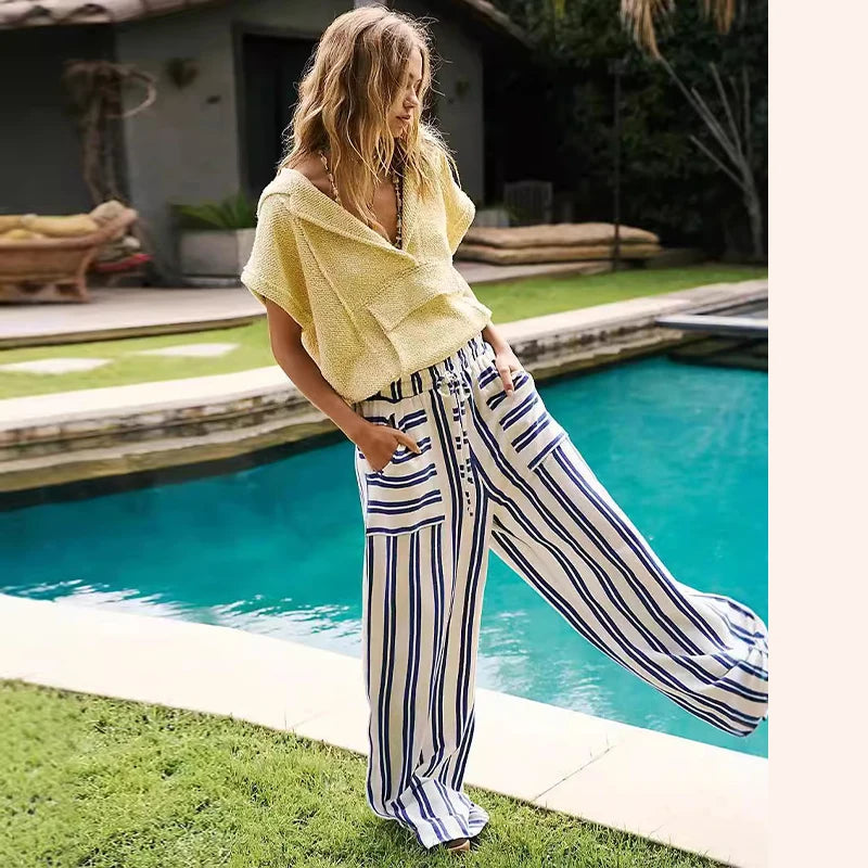 Striped Zipper High-Waisted Trousers Slim Fit Flare Leg Double Pocket 2026 Summer Casual Women Bottom Fashion Chic Lady Pants
