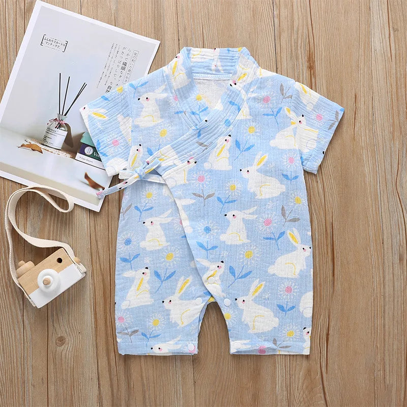 0-18M Summer Baby Girl Boys Clothing Rompers Jumpsuit Short-sleeved Floral Print Cute Soft Newborn Infant Baby Kimono Playwear