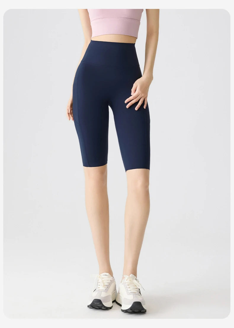 BIVIGAOS Summer Pocket Yoga Sharkskin Bicycle Shorts Women Thin High Waist Push Up Naked Feeling Sports Fitness Cycling Shorts
