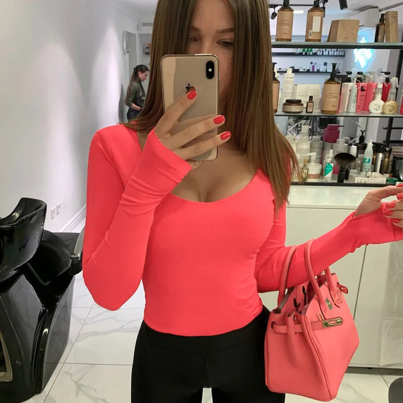 Orange Neon Bodysuit Women Long Sleeve Bodycon Sexy Autumn Winter Streetwear Club Party Outfits Casual Female Clothing