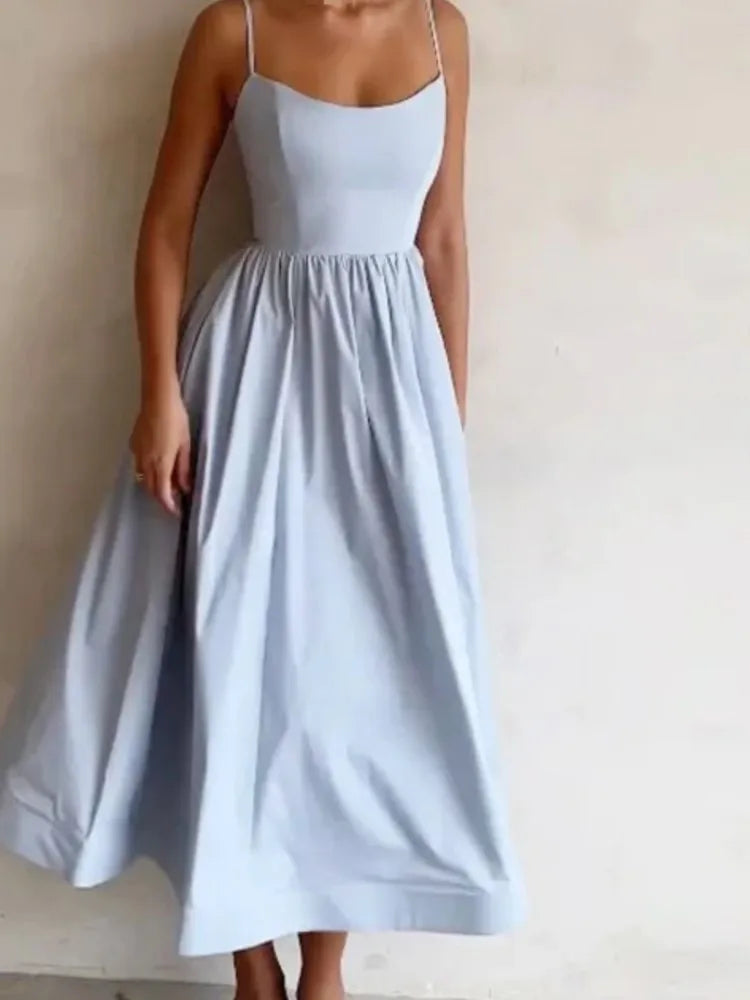 Summer U-neck Casual Female Vintage Elegant Spaghetti Strap Dress Women Elegant Solid Sleeveless A-line Midi Women's Dresses