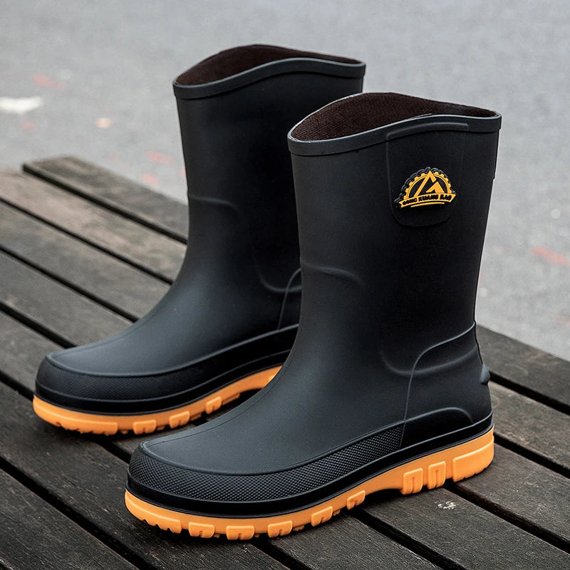 Men's Winter Fleece Lined Mid-Calf Rain Boots Anti-Slip Waterproof Work Rubber Boots Car Wash Fishing Outdoor Wear Water Shoes