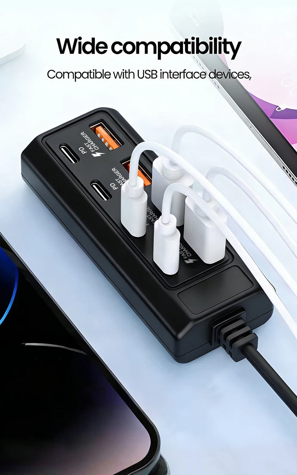 4 USB Charger Power Strip Fast Charging 4 Type C Phone Charger Adapter Electric Socket Extension Cable Socket for Home Office