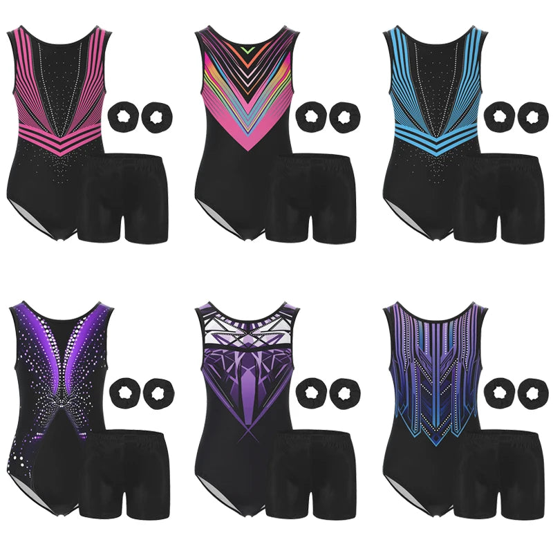 4 Piece Gymnastics Leotards for Girls Sleeveless Athletic Biketard Kids Water-drop Back Unitard Tumbling Activewear Outfits