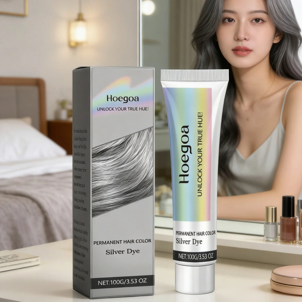 Hoegoa Silver Hair Dye Fashion Look Accurate Color Long Lasting Easy Apply Gentle Ingredients Nourishing Hair Color Cream 100g
