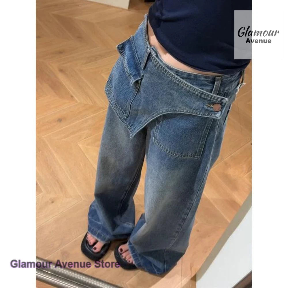 Korean fake two-piece design plus velvet padded straight jeans women's autumn and winter high waist slim wide-leg trousers