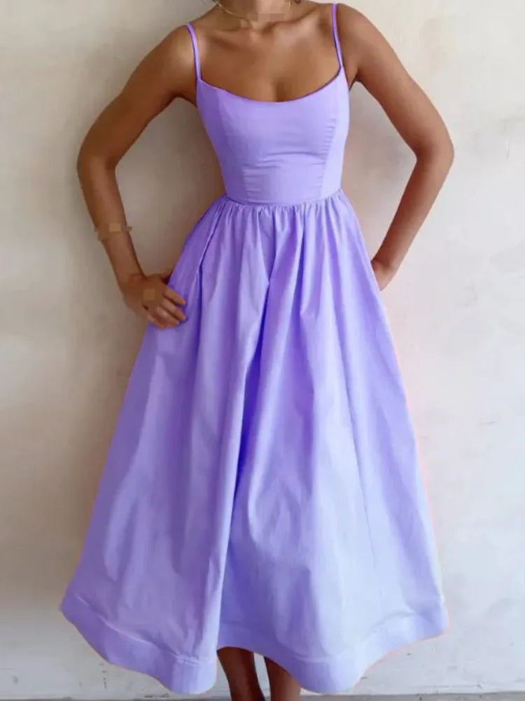 Summer U-neck Casual Female Vintage Elegant Spaghetti Strap Dress Women Elegant Solid Sleeveless A-line Midi Women's Dresses