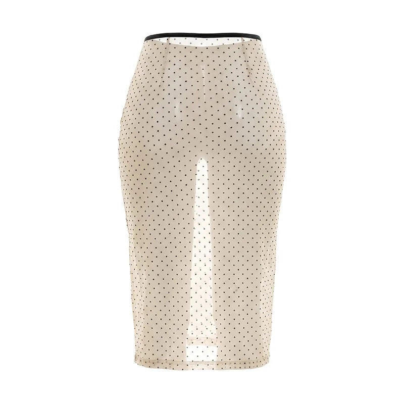 Summer Women Polka Dot Perspective Mesh Skirt Sexy High Waist Sheer See Through Midi Skirt Fashion Elegant Half Dress