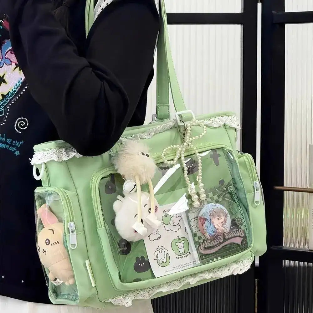 Japanese Sweet Women Ribbon Ita Bag Fashion Large Capacity Tote Bag Aesthetic Shoulder Bag Cute Lolita Girl Transparent Handbags