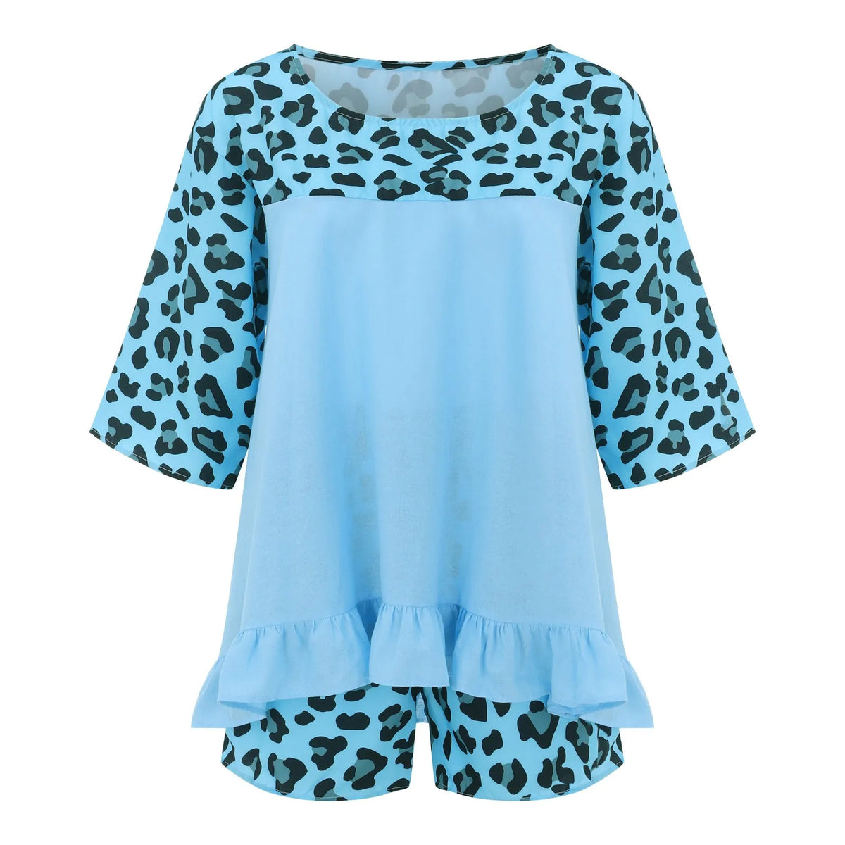 Summer Vintage Leopard Patchwork Outfits Set Cotton Linen Shirt Tops And Loose Shorts Suit Casual 3/4 Sleeve Women Two Piece Set