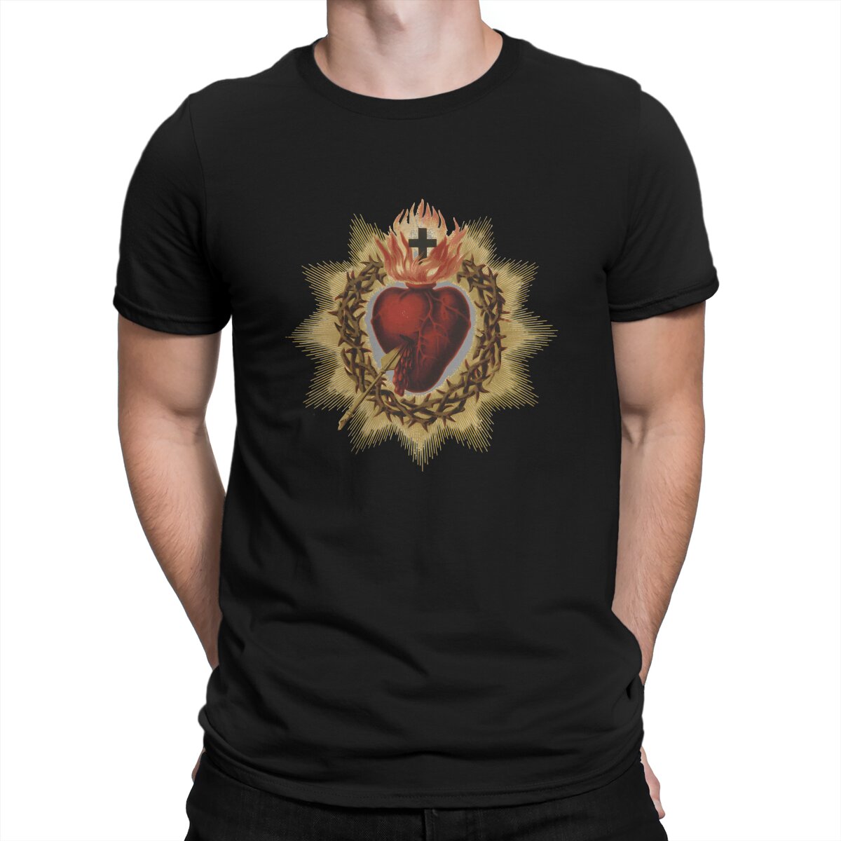 Sacred Heart Catholic T Shirt Men Cotton Vintage T-Shirt Crewneck Jesus God Cross Tee Shirt Short Sleeve Clothing Gift Idea